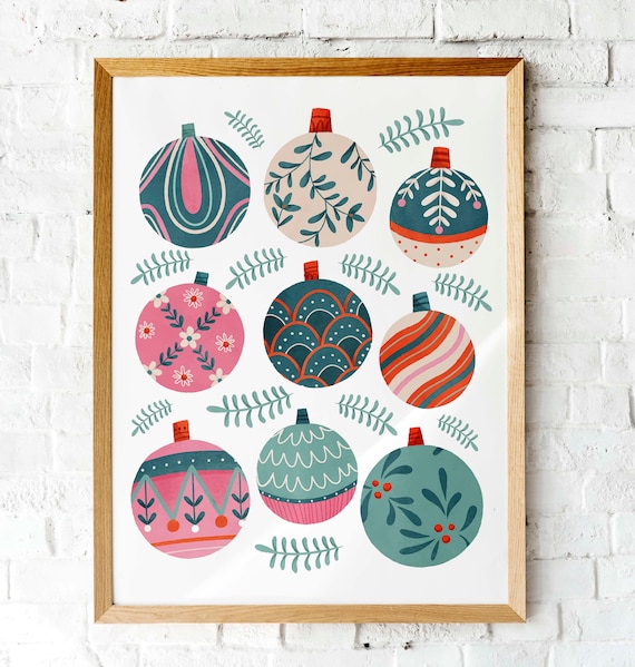 Nine Patterned Christmas Ornaments Teal Pink Holiday Art Poster