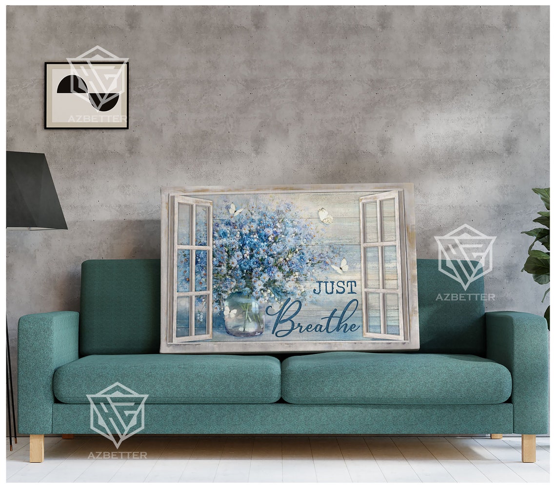 Just Breathe Rustic Window With Blue Daisy Vase And Butterflies Poster - Image 5