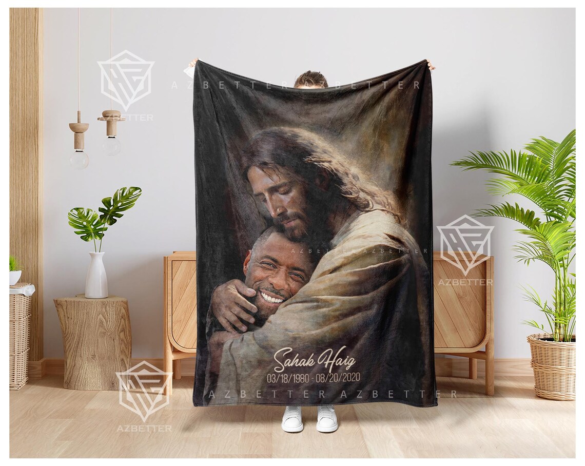 Christmas In Heaven Jesus Embracing Loved One Memorial Blanket Poster - Image 3