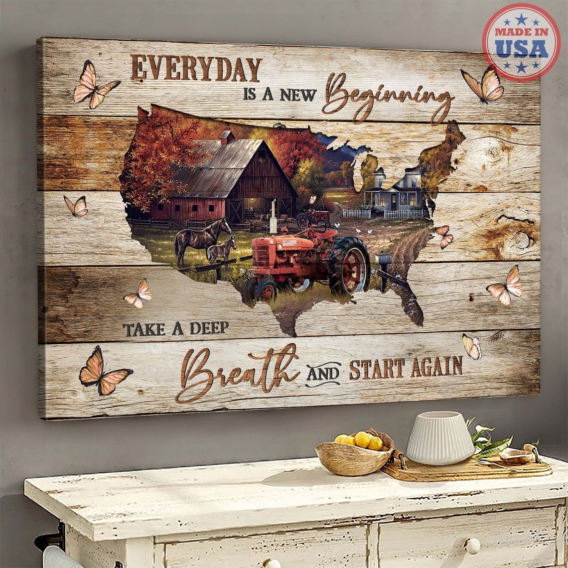Vintage Farm Scene inside USA Map New Beginning Quote Poster - Image 5
