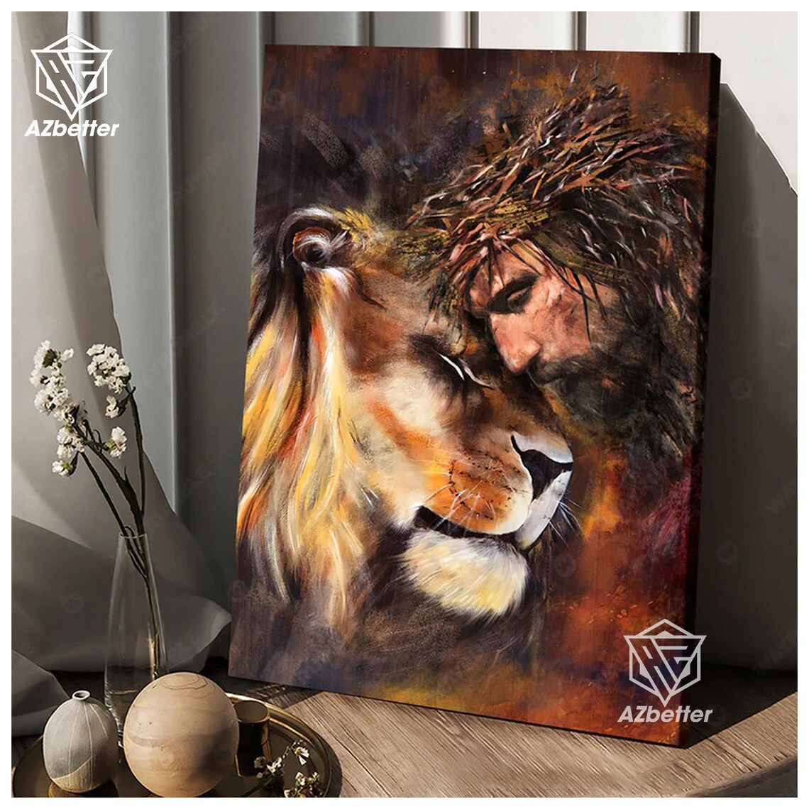 Jesus and Lion Embrace Crown of Thorns Christian Love Faith Art Poster - Image 3