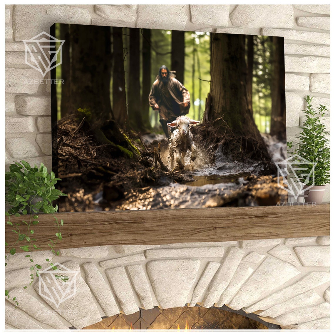 Jesus Running After Lost Lamb Good Shepherd Forest Rescue Art Poster