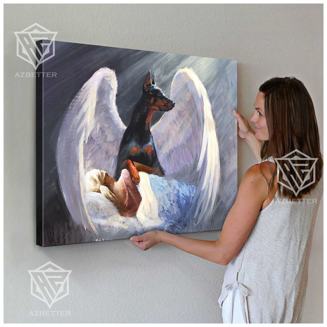 Doberman Angel Wings Guardian Watching Over Sleeping Woman Poster - Image 5