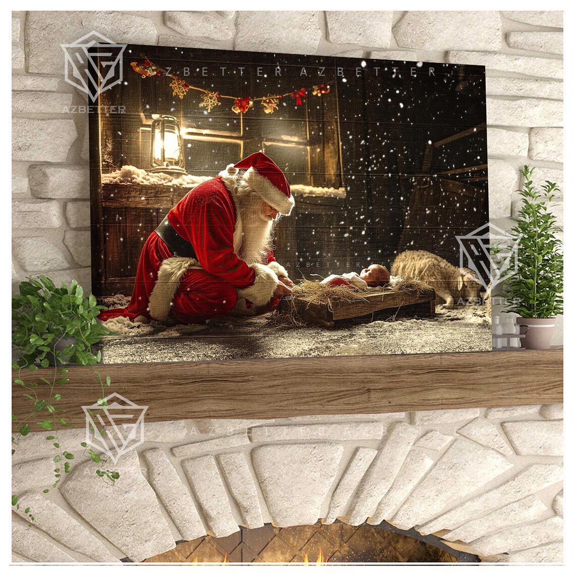 Santa Kneeling Before Baby Jesus in Snowy Nativity Scene Poster - Image 3