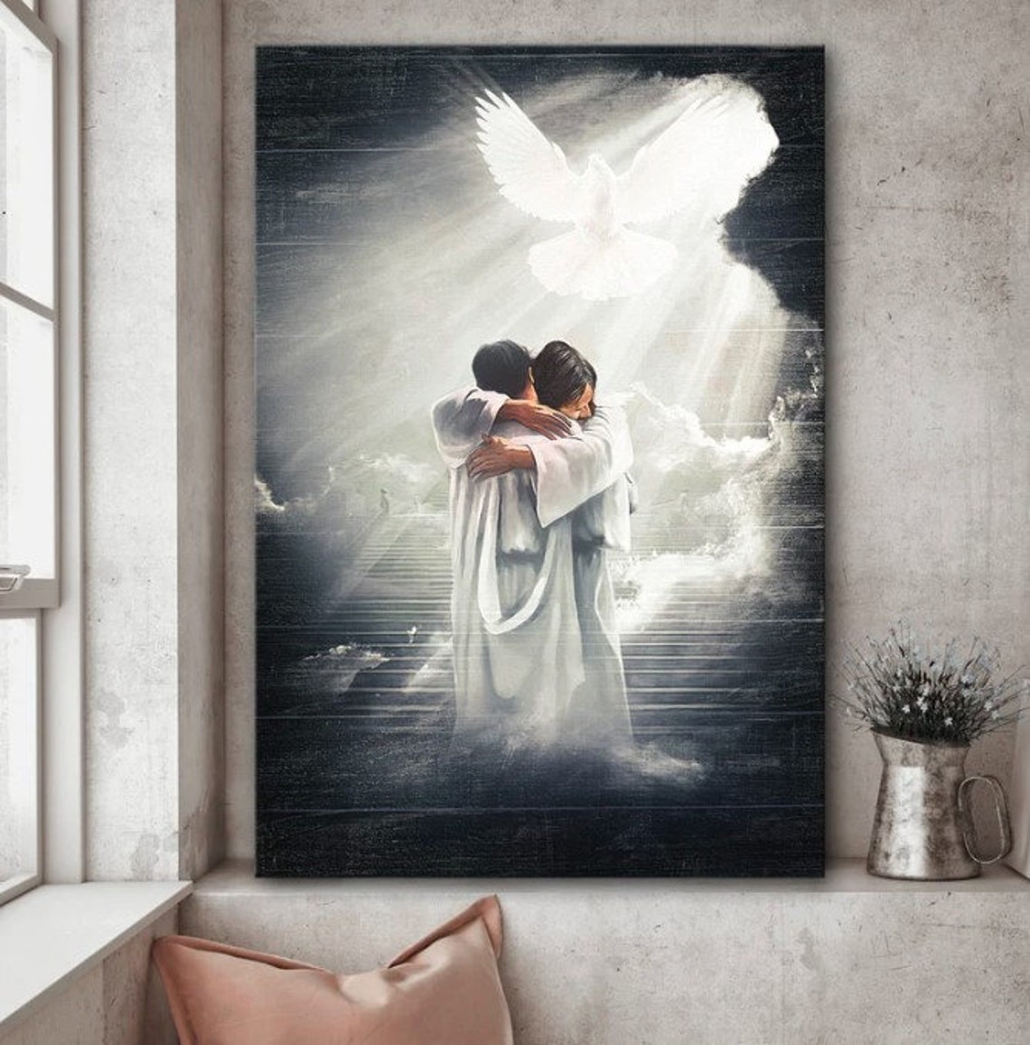 Jesus Embracing Believer in Heaven Dove Descending Light Poster - Image 3