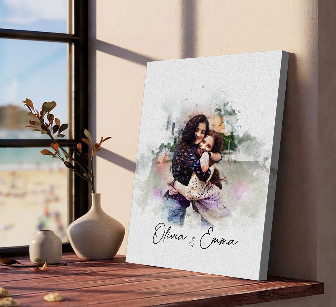 Custom Watercolor Portrait from Photo Two Women Hugging Names Poster - Image 2