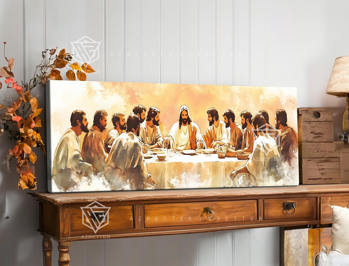 The Last Supper Jesus And Apostles Golden Watercolor Canvas Poster - Image 5