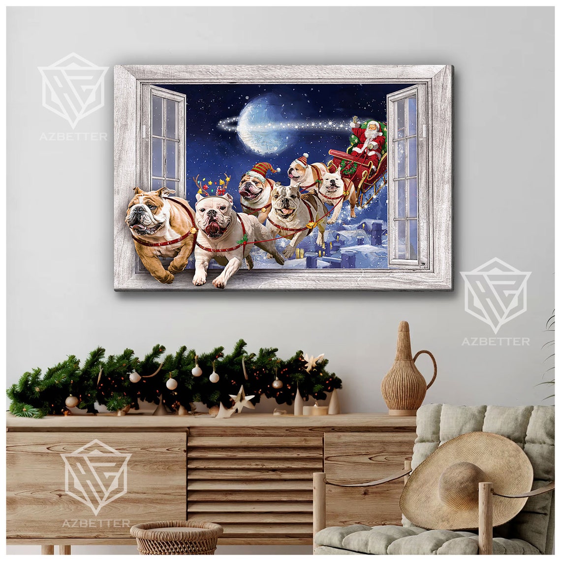 Bulldogs Pulling Santas Sleigh Through Christmas Window View Poster - Image 5
