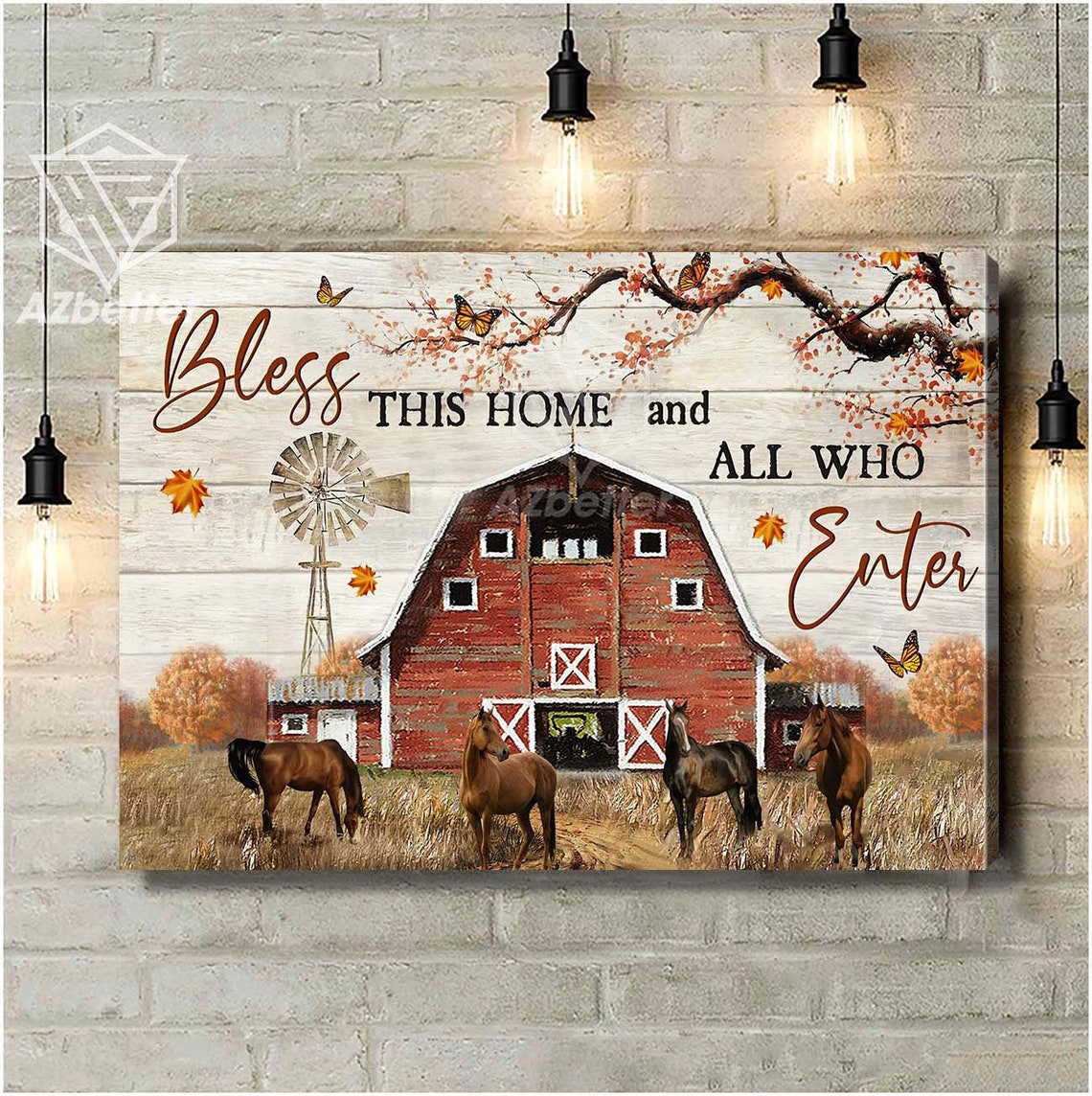 Red Barn with Horses Bless This Home and All Who Enter Poster