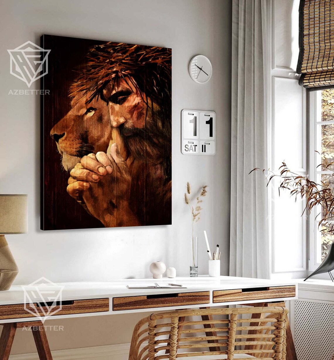 Praying Jesus And Lion Of Judah Crown Of Thorns Faith Poster - Image 4