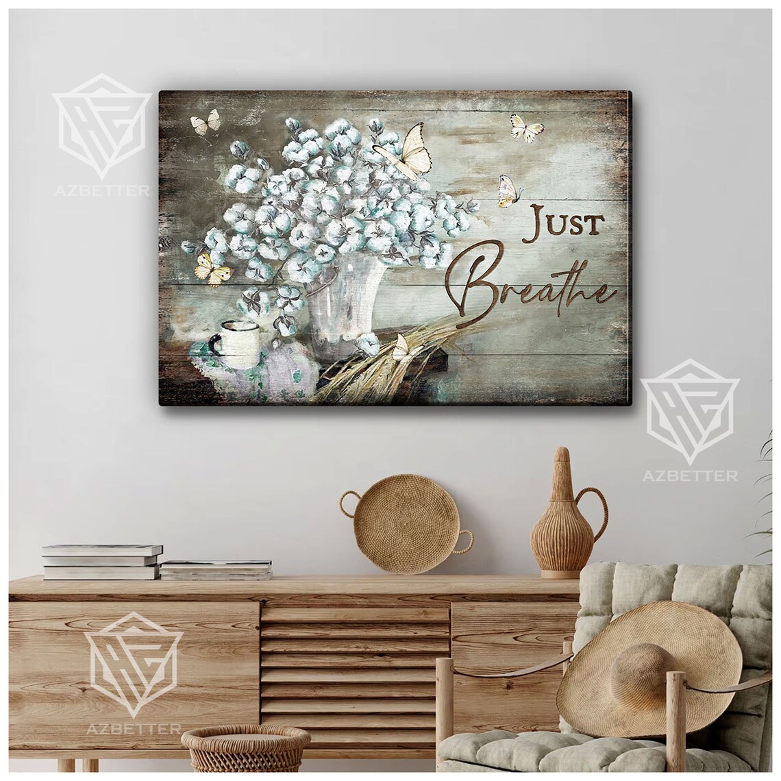 Just Breathe Vintage Cotton Flower Butterfly Rustic Farmhouse Poster - Image 5