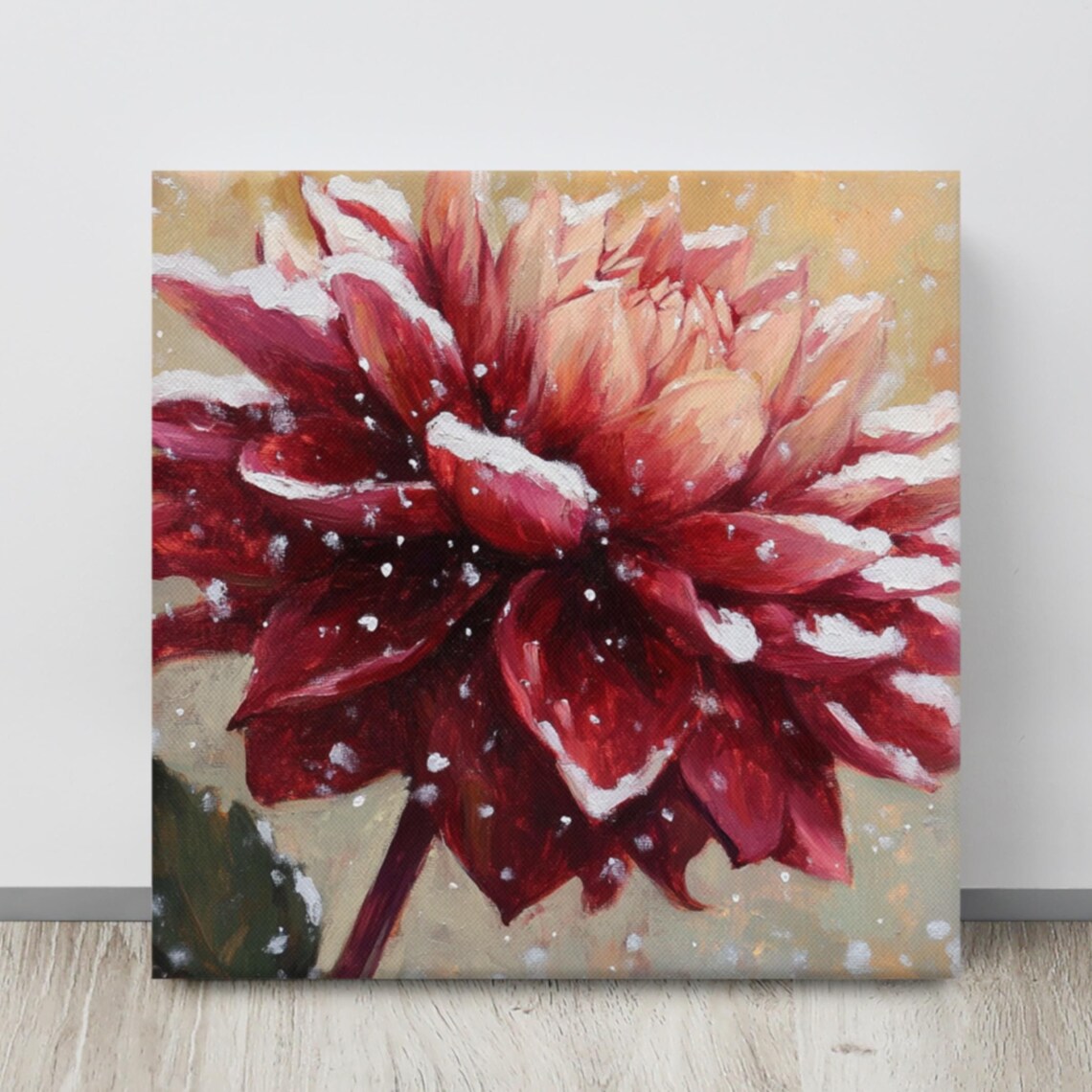 Red Dahlia Snow Dusted Petals Winter Floral Oil Painting Poster