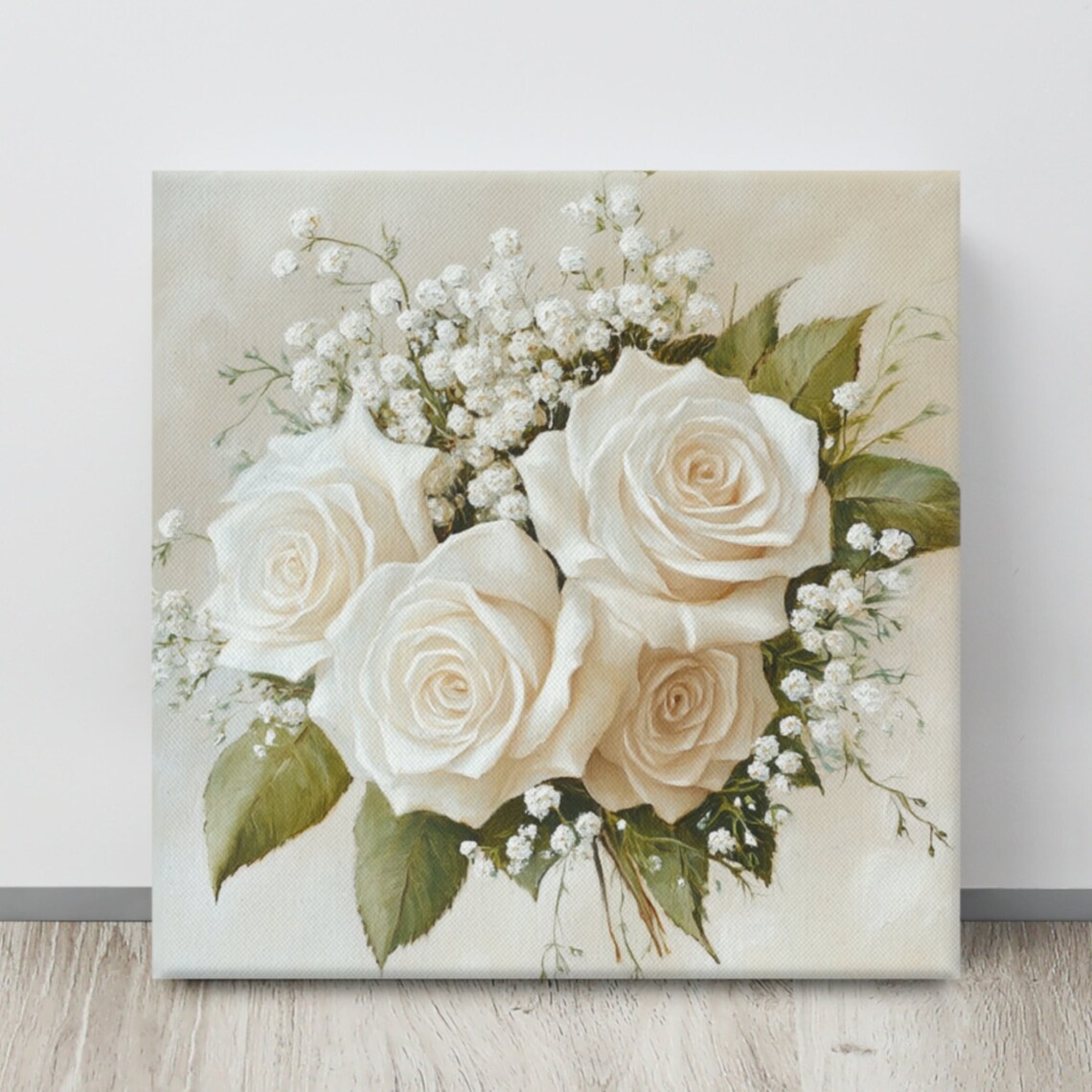 White Roses With Babys Breath Creamy Floral Bouquet Art Poster
