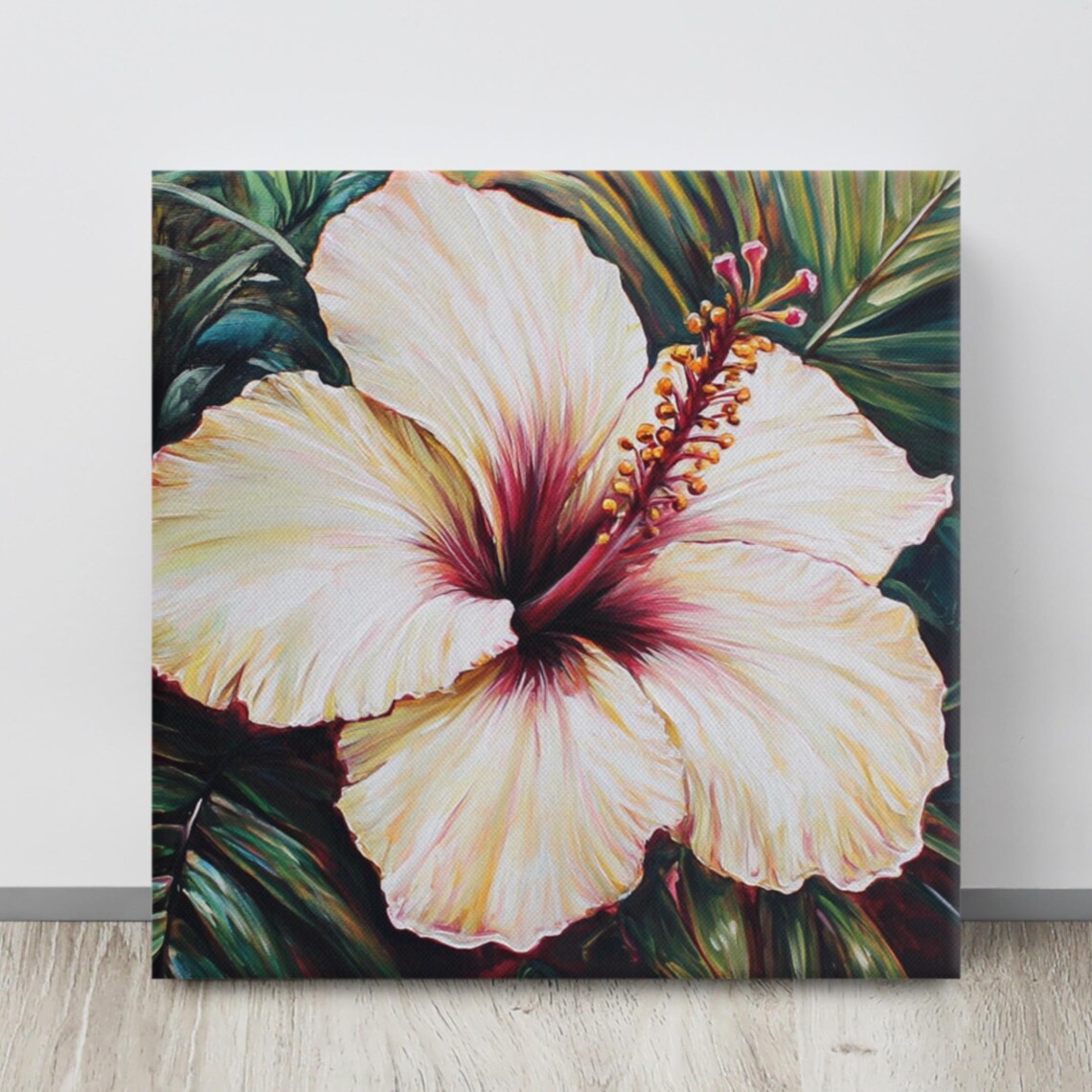 White Hibiscus Tropical Bloom Dark Foliage Painting Print Poster