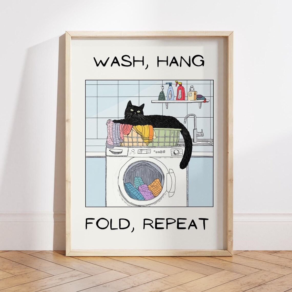 Wash Hang Fold Repeat Cat Poster, Bathroom Decor