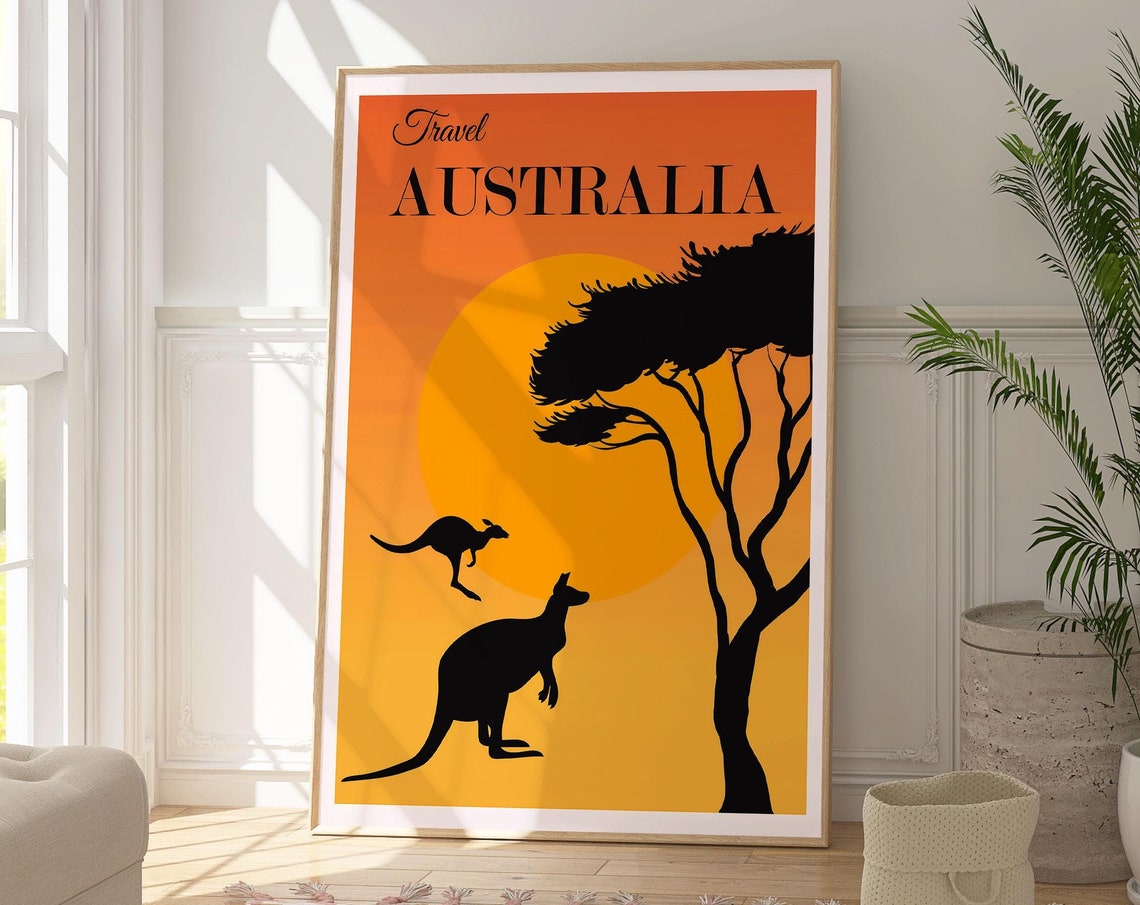 Australia Minimalist Travel Poster Kangaroo Silhouette Sunset Outback