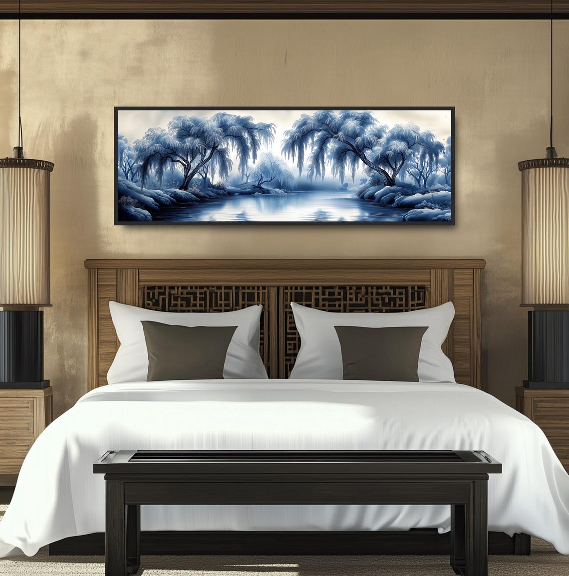 Willow Trees Frozen Lake Blue Chinoiserie Winter Scene Wall Print - Image 4