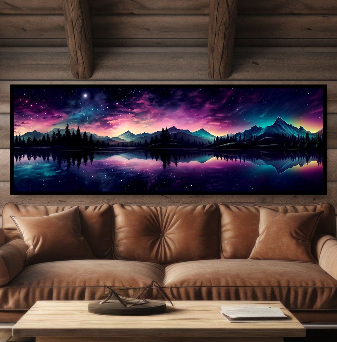 Starry Night Mountain Lake Reflection Fantasy Aurora Painting Poster