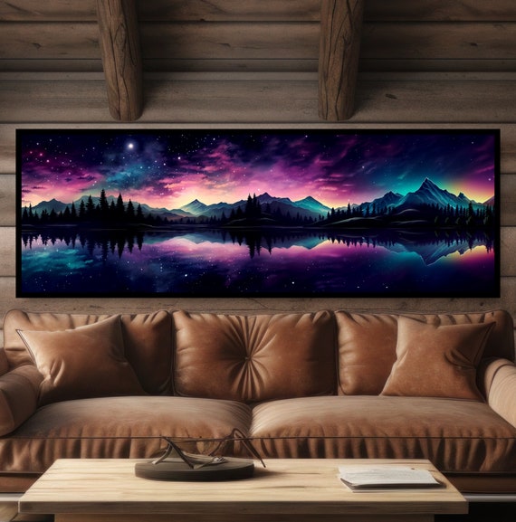 Starry Night Magical Fantasy Landscape Magical Mystical Dark Sky Wall Art Enchanted Forest Panoramic Landscape Colorful Nature Painting