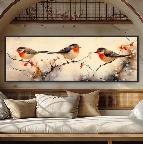 Birds On A Branch Japanese Painting Asian Inspired Nature Art Watercolor Bird Wildlife Illustration Panoramic Wall Art Zen Decor