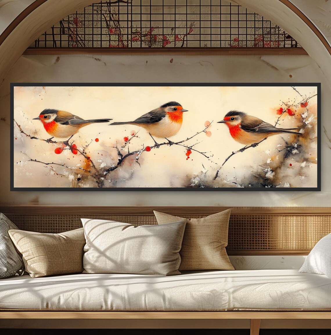 Three Songbirds On Branch Japanese Watercolor Red Breast Bird Poster