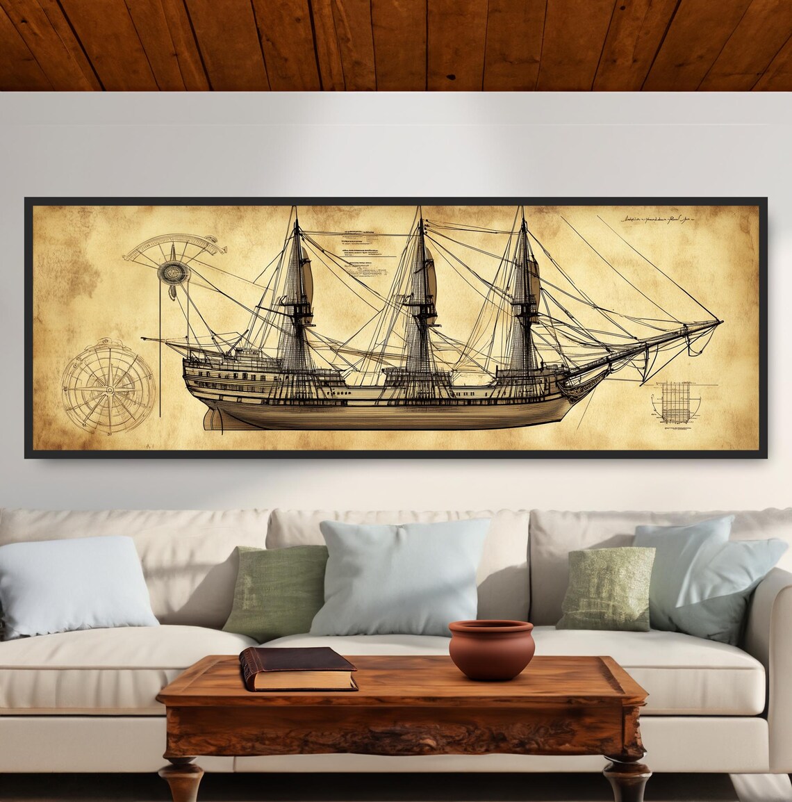 Vintage Tall Ship Blueprint Art Nautical Sailing Ship Diagram Print