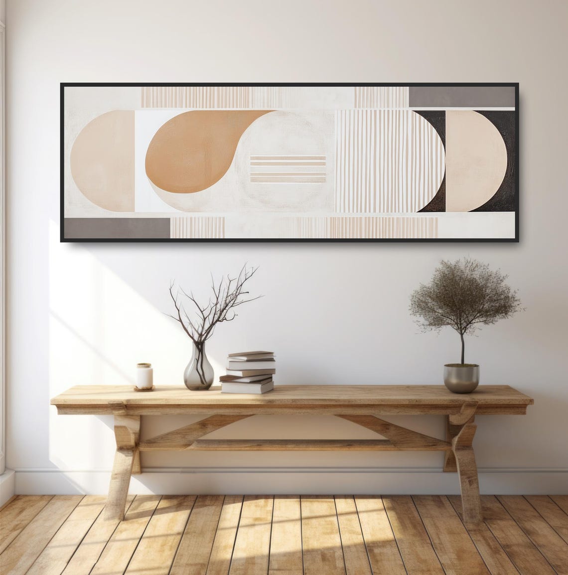 Geometric Curves Painting Print Modern Striped Design Beige Black White Wall Art Minimalist Abstract Panoramic Boho Decor Artwork - Image 2