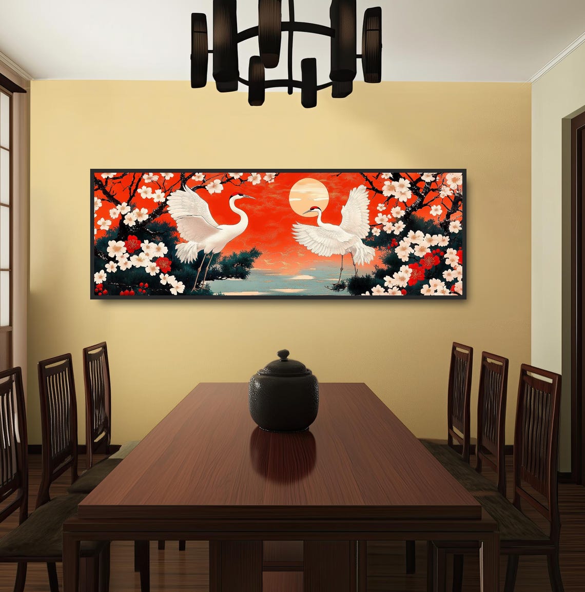 Japanese Cranes Red Sunset Painting Cherry Blossom Birds Print - Image 3