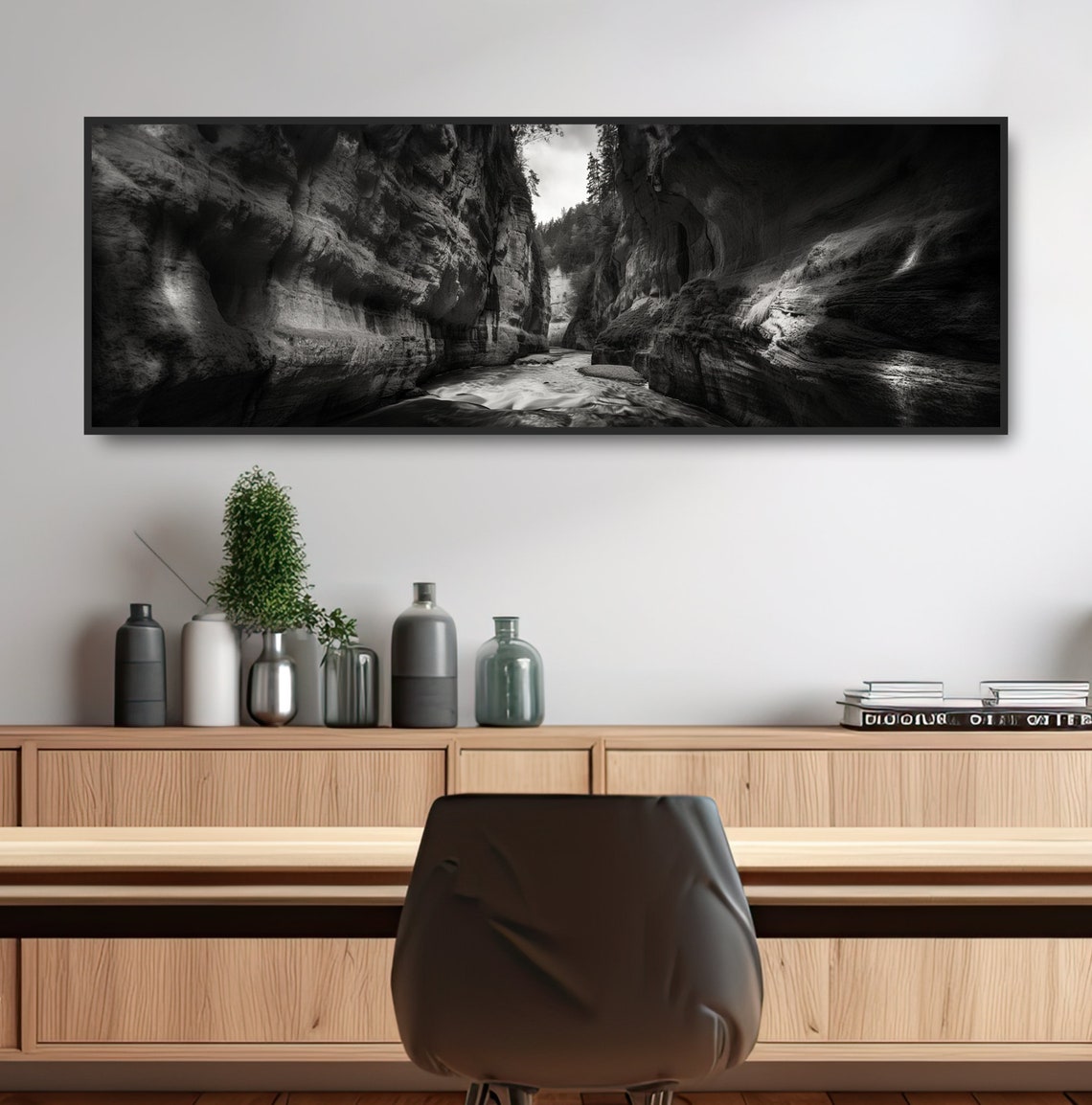 Black White Slot Canyon Walls Stream Monochrome Nature Photo Poster - Image 2