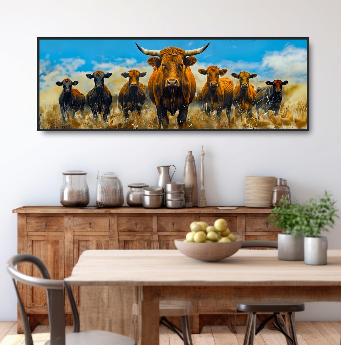 Brown Cattle Herd Blue Sky Panoramic Rustic Western Farmhouse Poster - Image 3