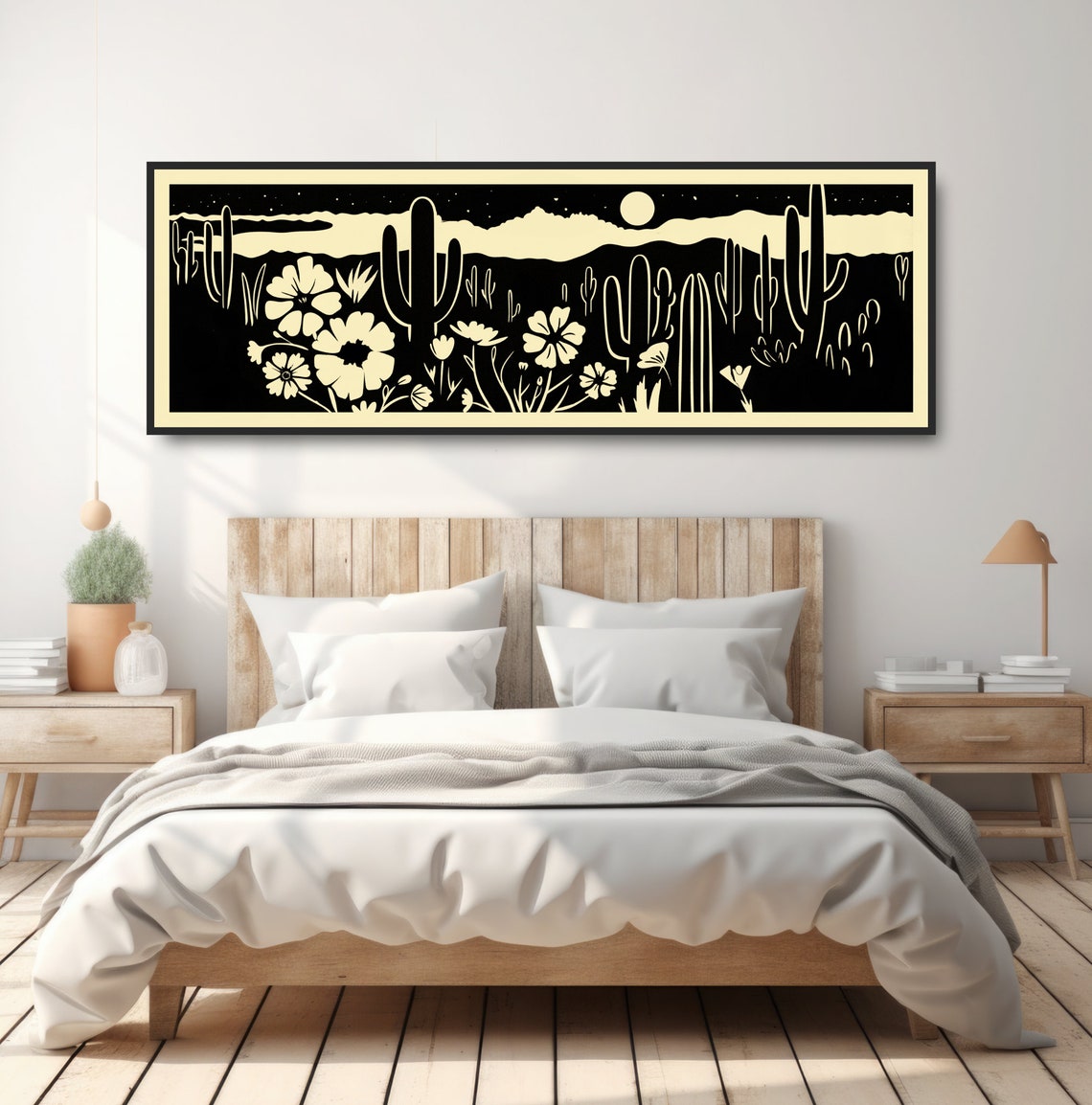 Desert Night Wildflowers Saguaro Cactus Moon Woodcut Style Poster - Image 4