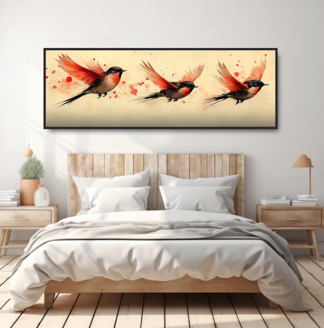 Three Flying Songbirds Red Wings Modern Watercolor Splash Art Poster - Image 4