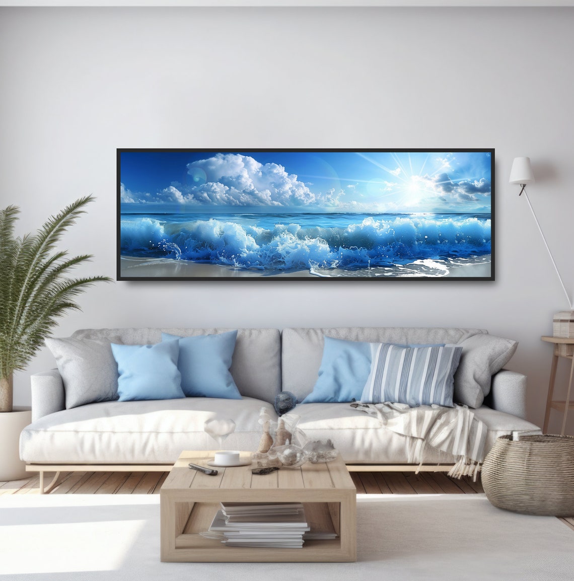 Crashing Blue Ocean Waves Bright Sun Clouds Seashore Wall Poster - Image 5