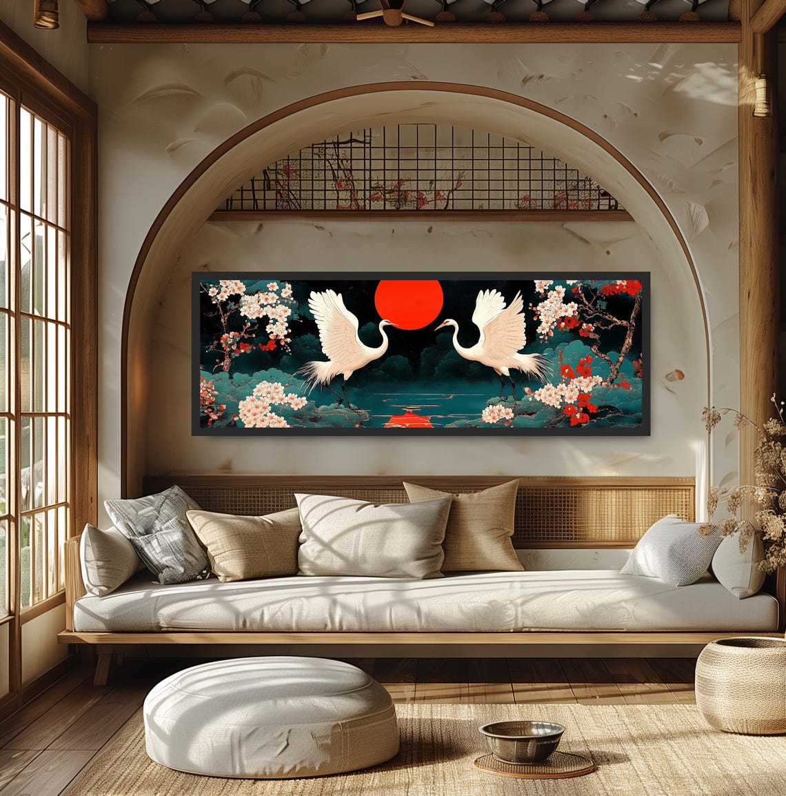 Two Japanese Cranes Rising Red Sun Cherry Blossom Lake Wall Print - Image 5