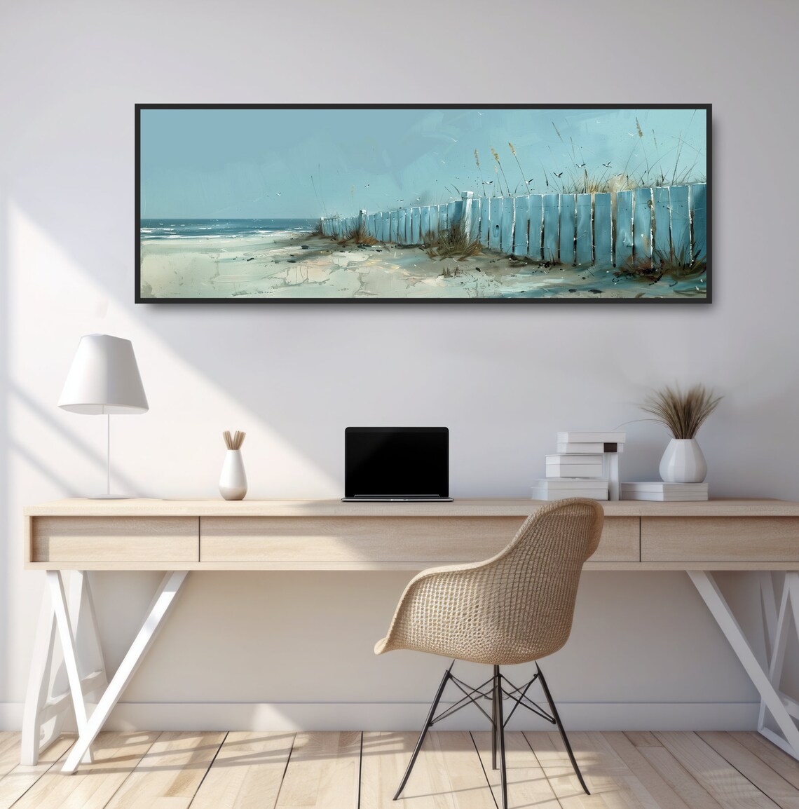 Coastal Beach Fence Watercolor Seascape Panoramic Ocean Dunes Poster - Image 2