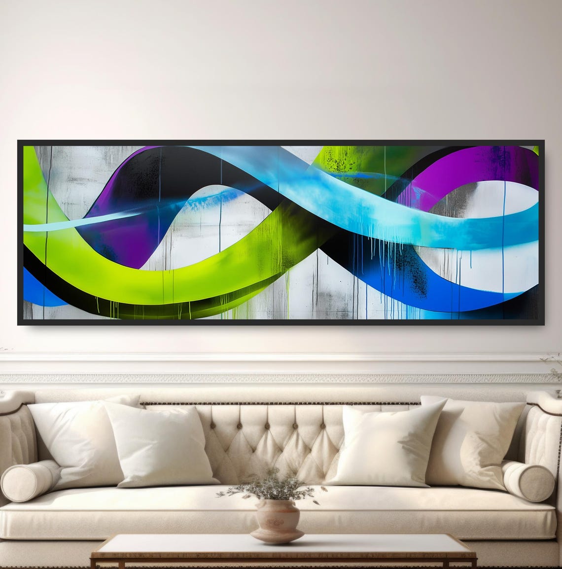 Panoramic Graffiti Waves Neon Green Blue Purple Dripping Paint Poster