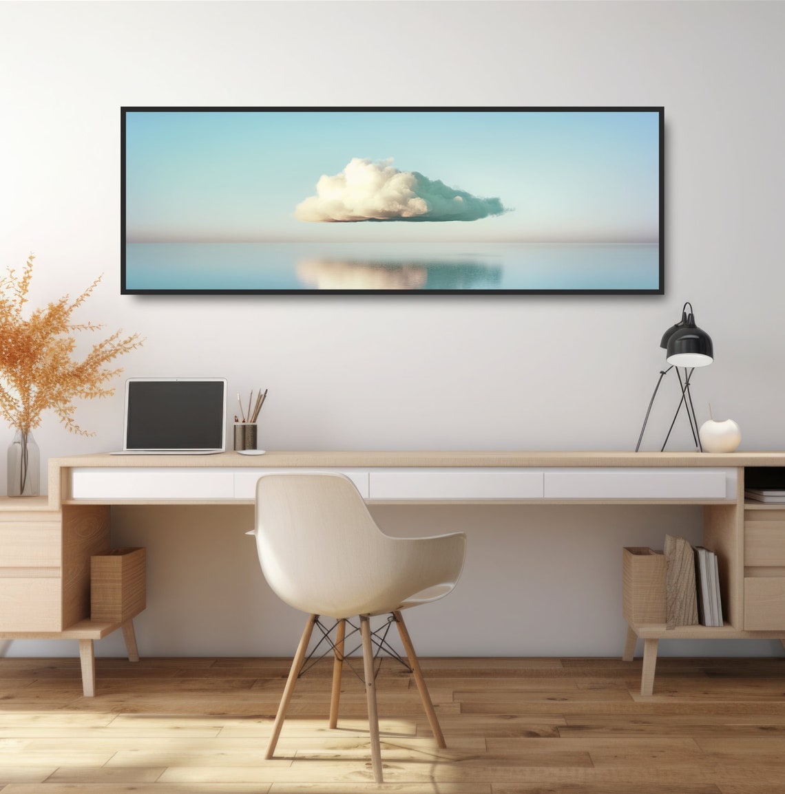 White Cloud Floating Over Calm Ocean Minimalist Blue Sky Art Poster - Image 2