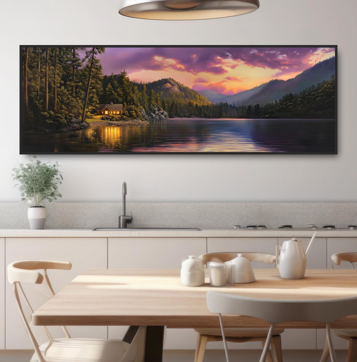 Rustic Lake Home Glowing Cabin Sunset Panoramic Purple Clouds Poster - Image 3