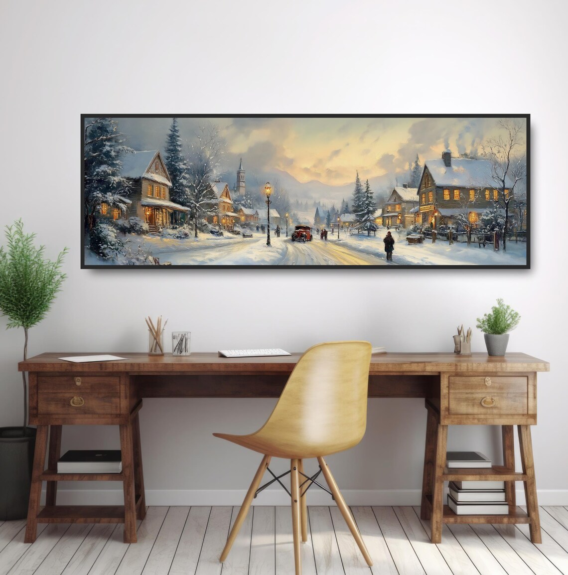 Snowy Village Street Winter Dusk Glowing Vintage Town Christmas Print - Image 2