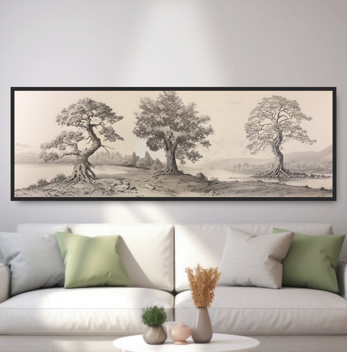Three Trees Vintage Drawing Sepia Landscape Farmhouse Wall Art
