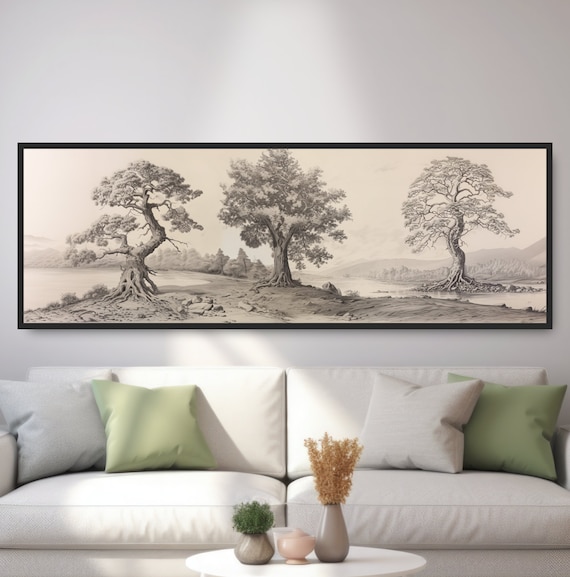 Vintage Drawing Of Three Trees Black And White Panoramic Traditional Natural Landscape Art Neutral Farmhouse Decor Calm Country Scene