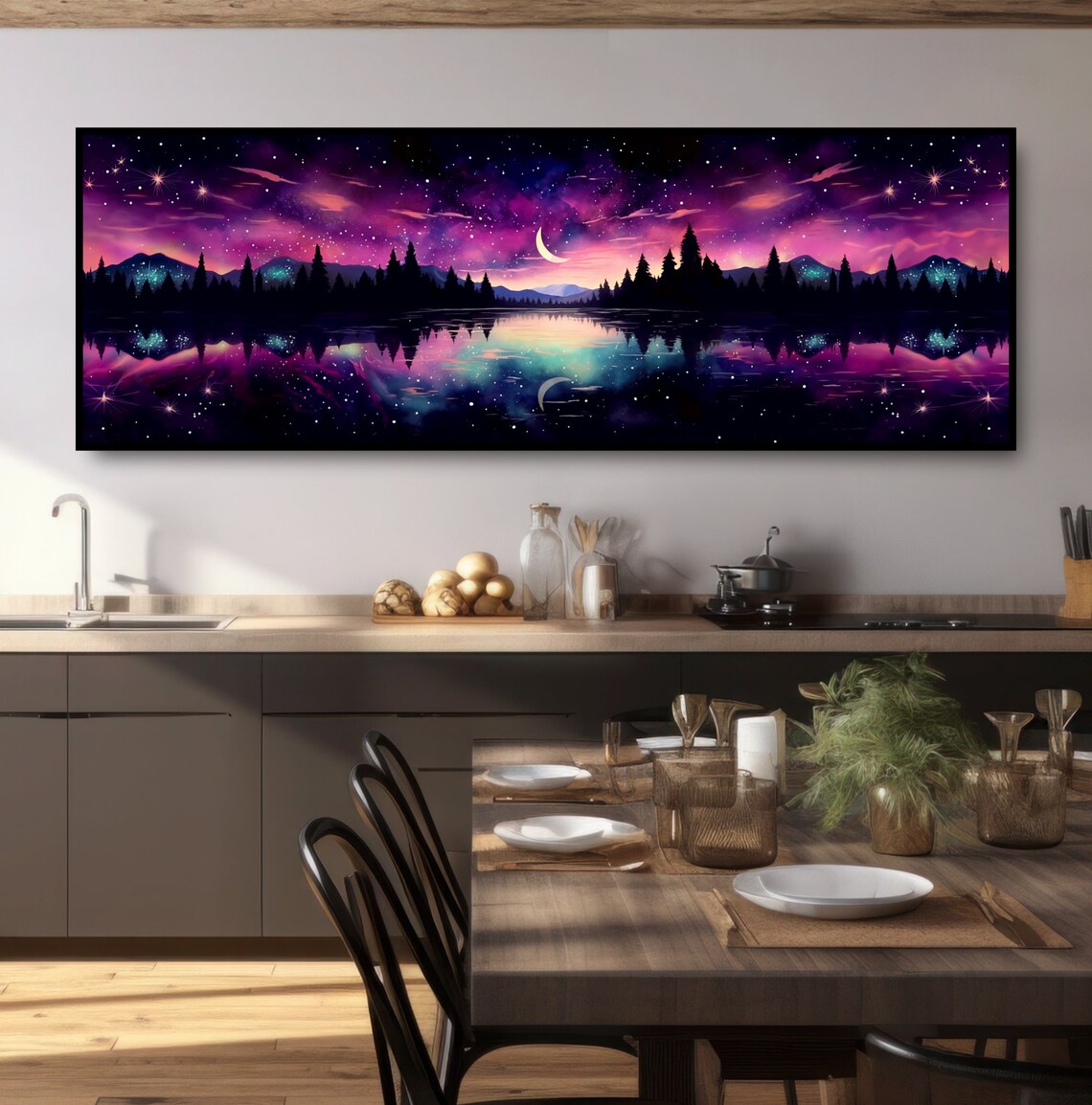 Aurora Borealis Night Lake Landscape Art Print - Image 3