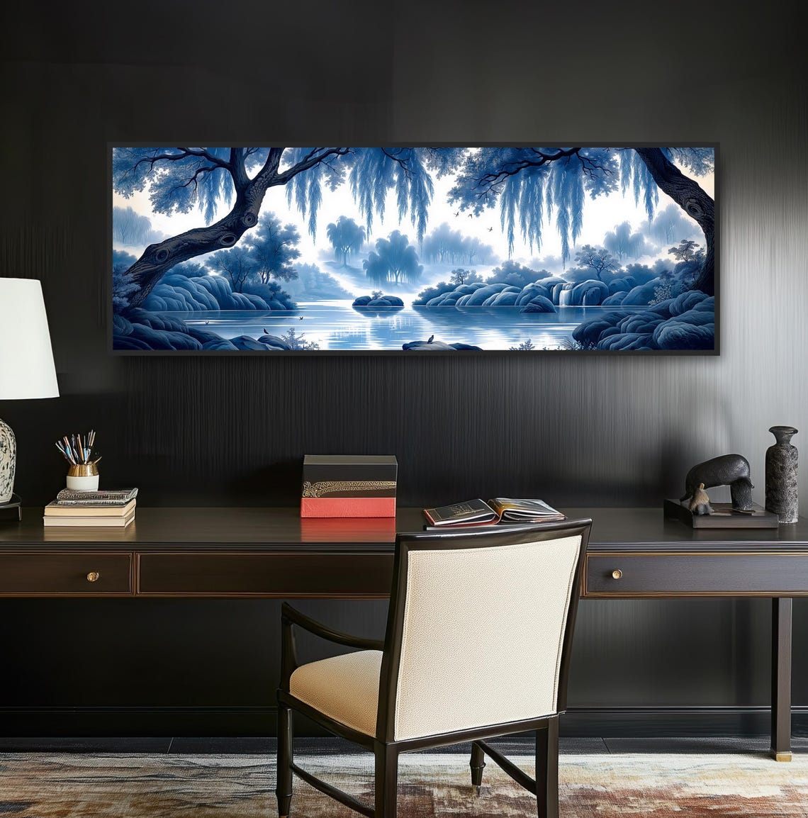 Blue Willow River Chinoiserie Painting Tranquil Toile Lake Print - Image 2