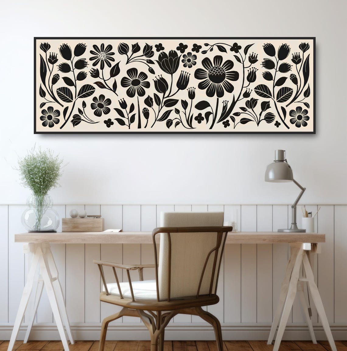 Abstract Floral Folk Art Bold Black And White Monochromatic Print Rustic Boho Botanical Wall Decor Mid Century Modern Scandinavian Print - Image 2