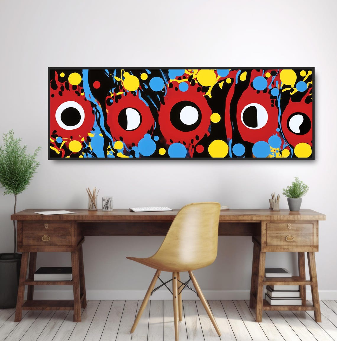 Colorful Abstract Circle Art Bold Modern Painting Red Blue Yellow Print Vibrant Drip Midcentury Panoramic Dynamic Splatter Poster - Image 2
