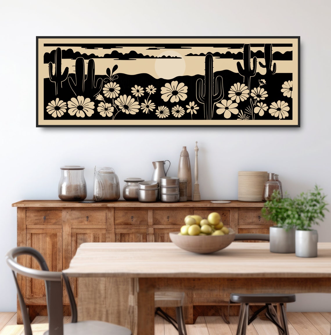 Retro Desert Daisies Saguaro Cactus Woodcut Floral Landscape Poster - Image 3