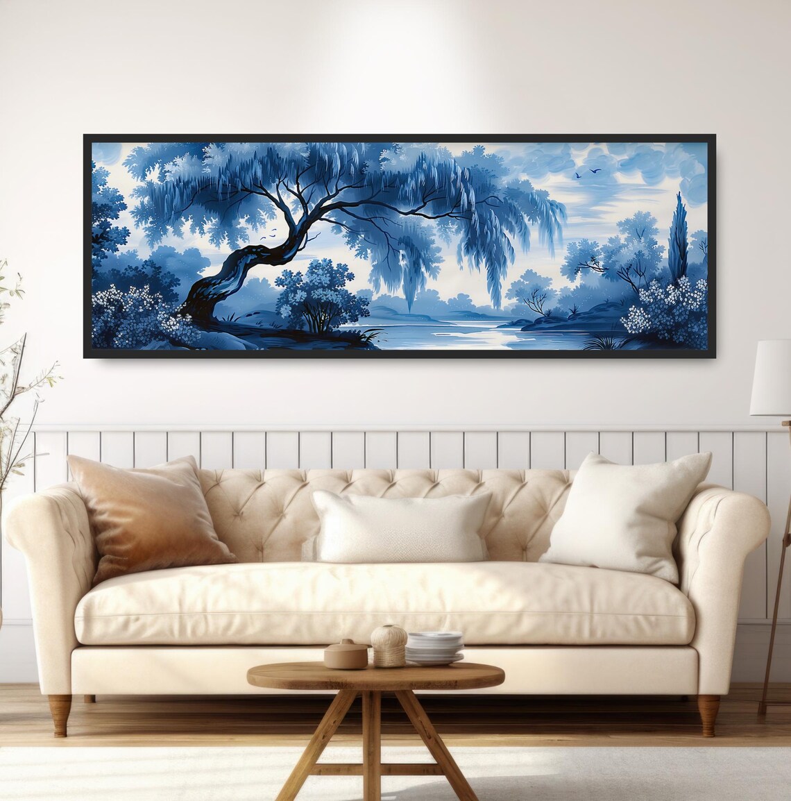 Misty Blue Lake Willow Painting Chinoiserie Panoramic Morning Print - Image 5