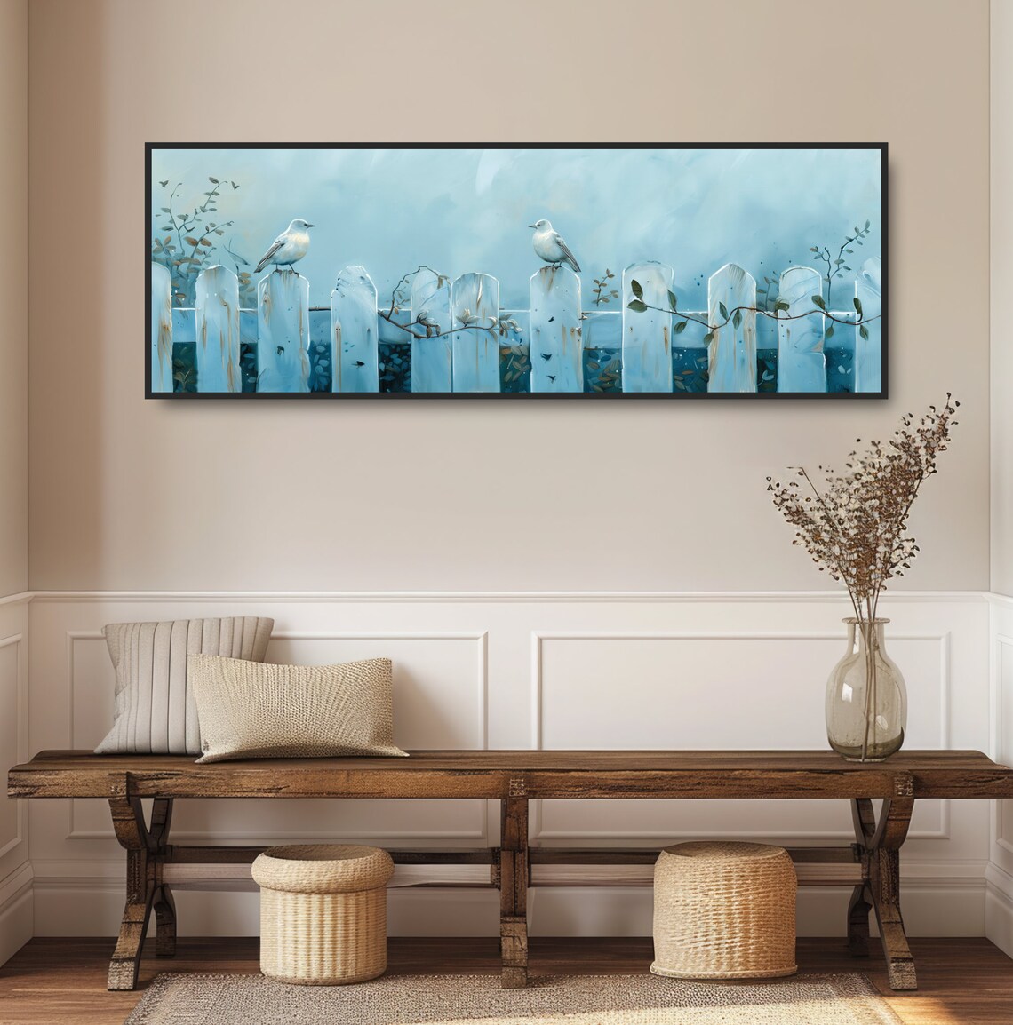 Two White Songbirds on Weathered Blue Picket Fence Watercolor Poster - Image 2