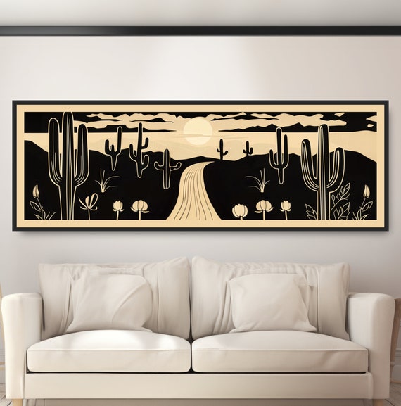 Winding Desert Road Woodcut Wall Art Vintage Cactus Painting Monochrome Black White Beige Landscape Minimalist Bold Retro Western Decor