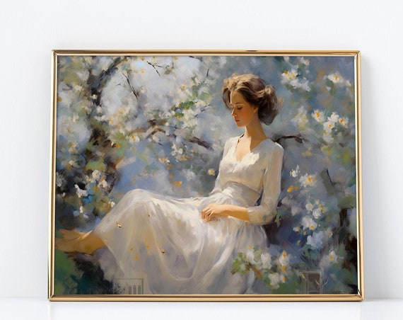Serenity In Blossoms Meditative Bliss Girl In White Dress Amidst Flowers Zen Moment Art